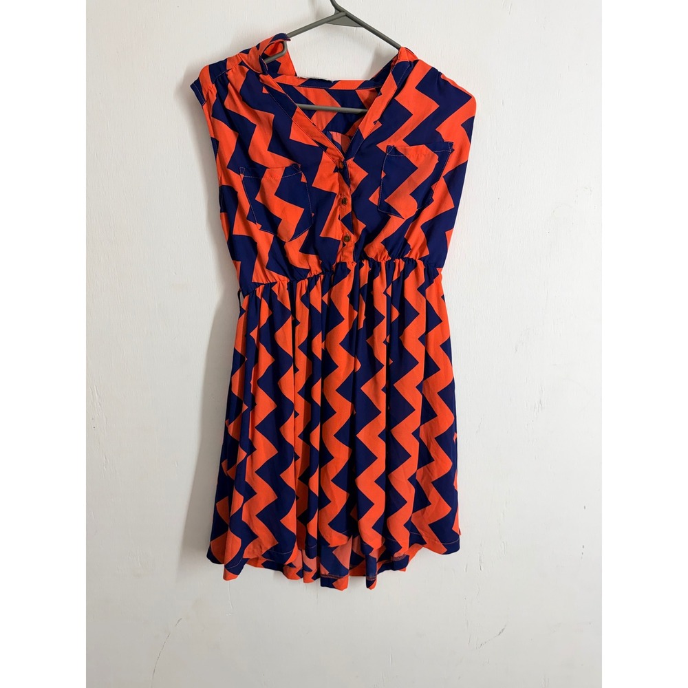 Xtaren Orange Navy Blue Chevron Zigzag Sleeveless Fit & Flare Mini Dress Large